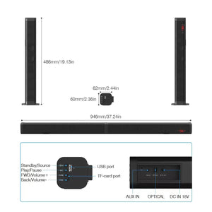 HDMI-compatible 37-inch Bluetooth soundbar for LED TV Wall mountable Home Theater 3D surround sound optical SPDIF ARC detachable