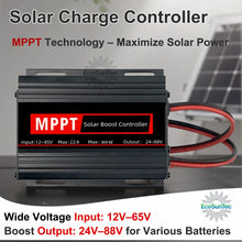 Load image into Gallery viewer, 800W 22A MPPT Solar Boost Charge Controller, 12-65V Input to 24-88V Output for 24V-72V Lithium LiFePO4 Lead-Acid Batteries OLED