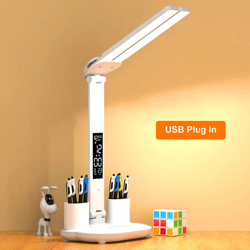 LED Double Head Desk Lamp USB Touch Night Light 3 Dimming Eye Protection Table Lamp Display Temperature Time with Pen Holder